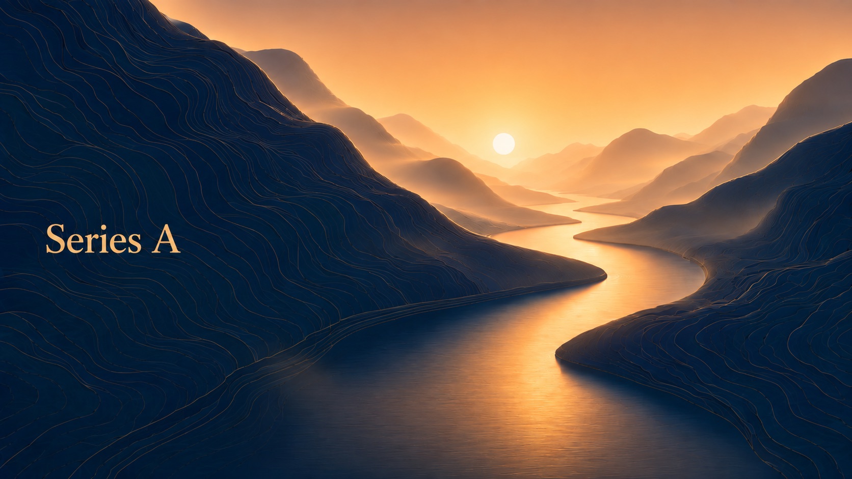 An abstract illustration of a winding river through mountains at sunset, with the words "Series A"