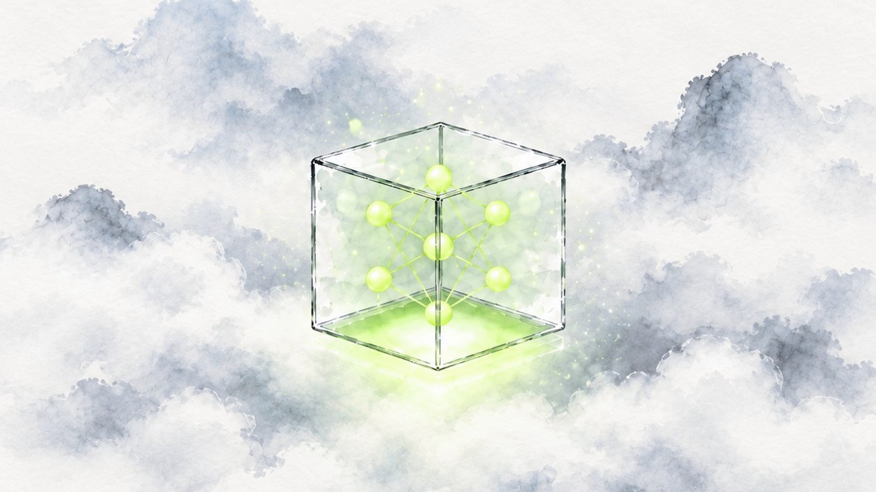 A glass cube holding a glowing green lattice, floating in ink-wash clouds