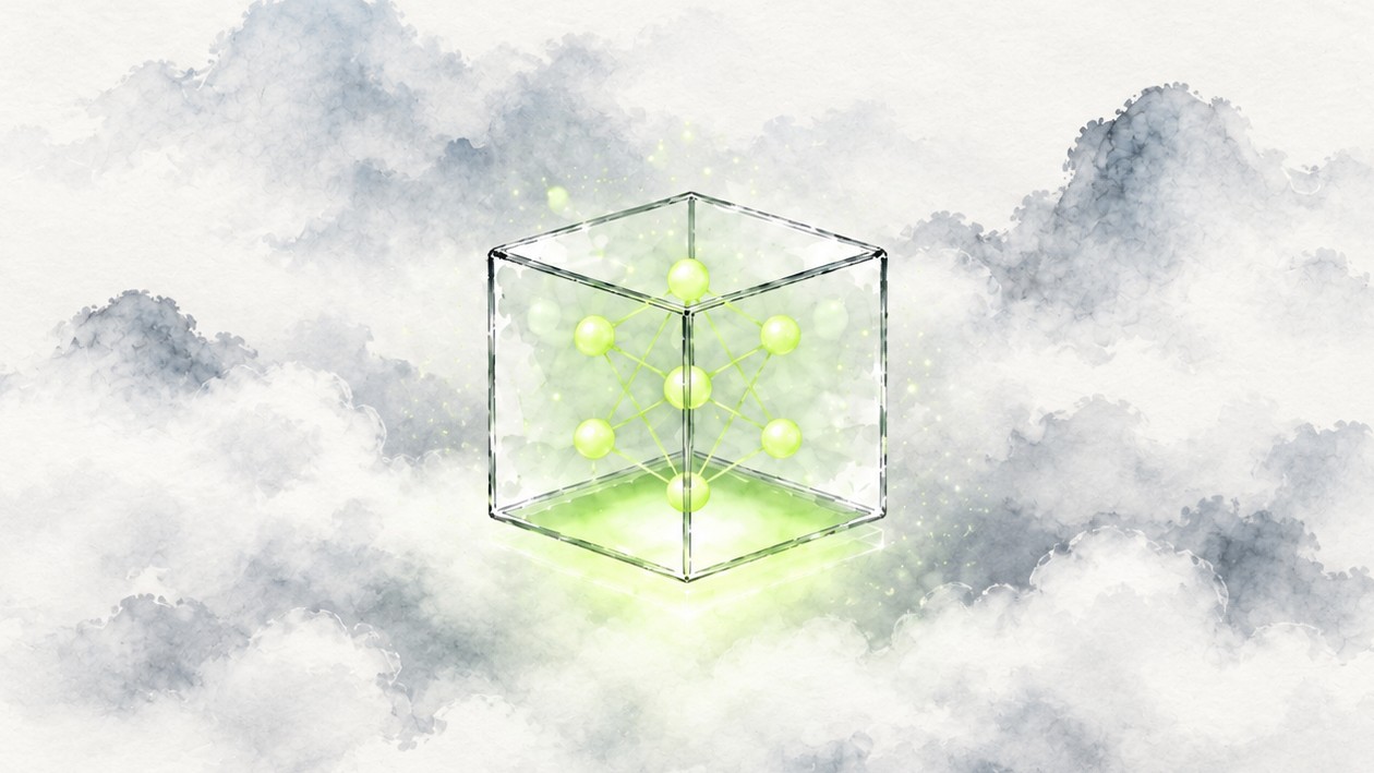 A glass cube holding a glowing green lattice, floating in ink-wash clouds