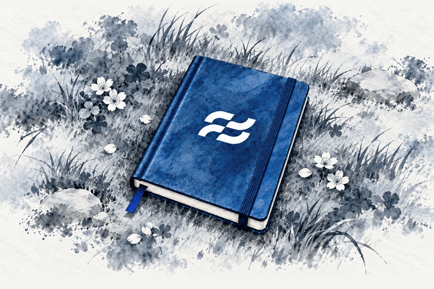 A blue notebook with the River logo lying in ink-wash grass among white blossoms