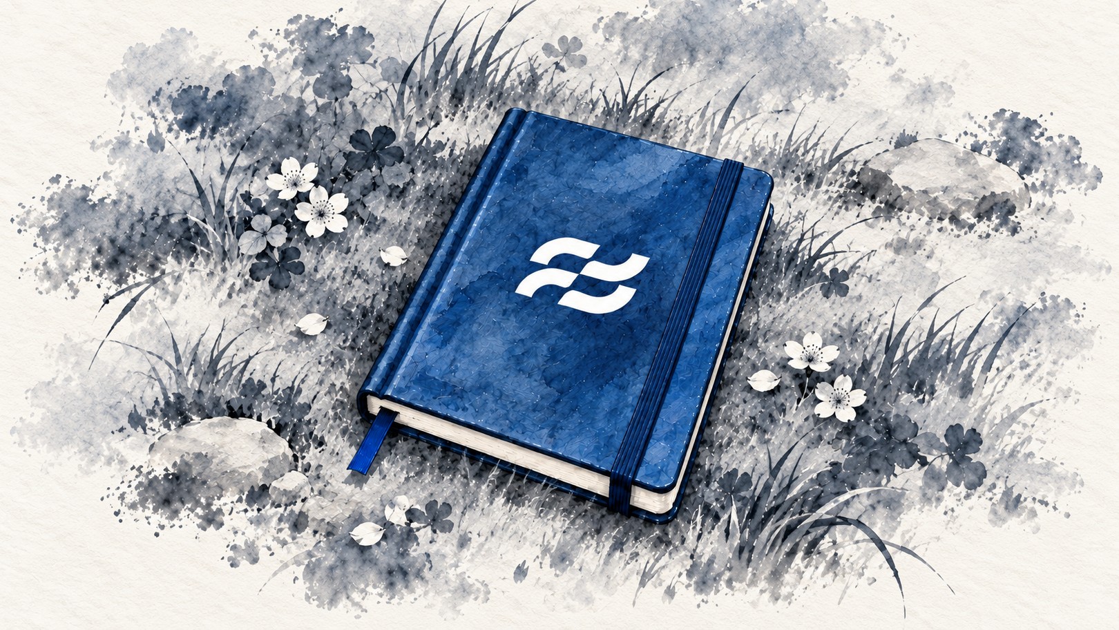 A blue notebook with the River logo lying in ink-wash grass among white blossoms