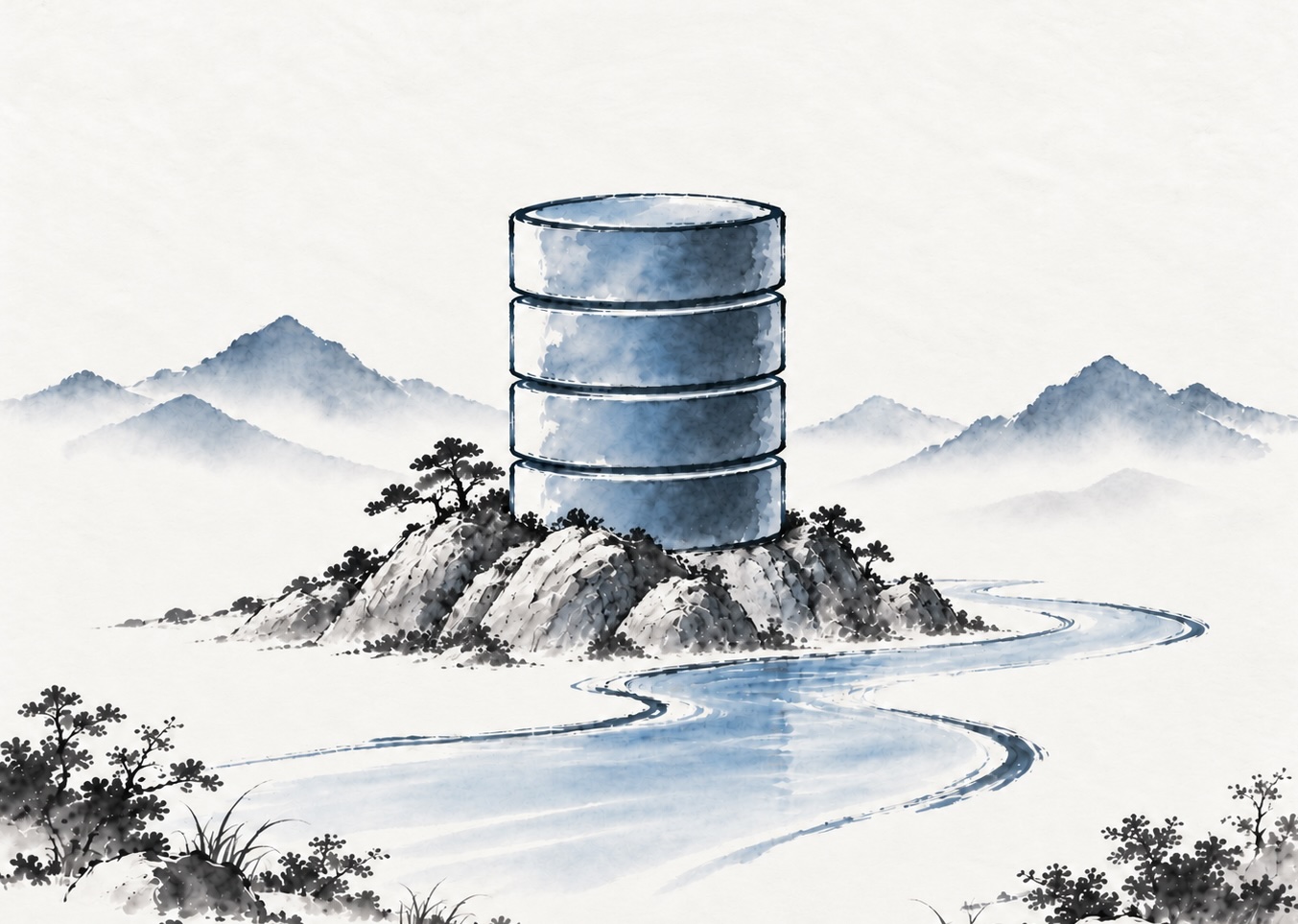 An ink-wash database stack on a rocky hill beside a winding mountain river